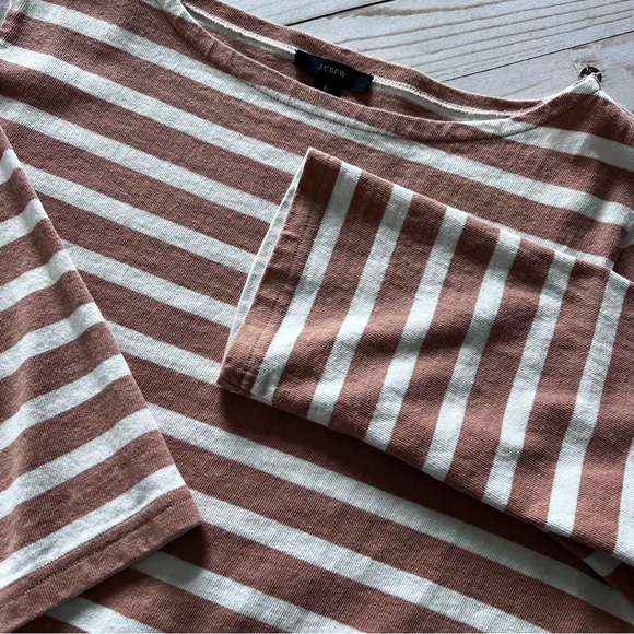 J Crew Basic Boat Neck Preppy Stripe 3/4 Cotton Tee in Tan and White size Large - Picture 10 of 12